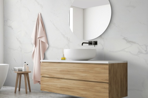 Modern bathroom with white Dumawall wall panels in a marble look and a floating wooden vanity